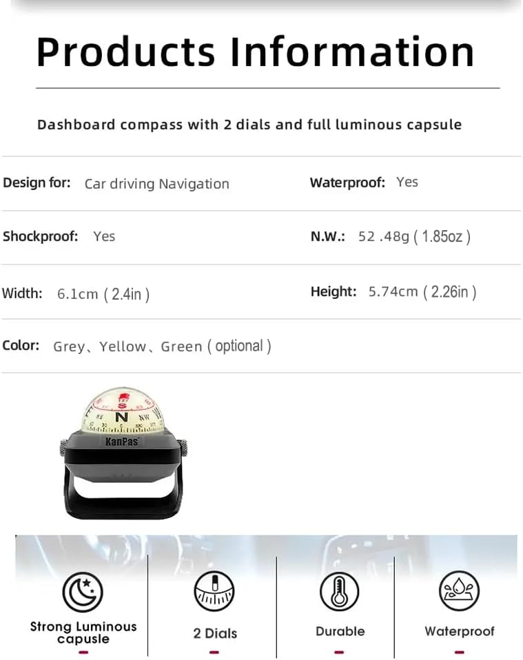 KanPas V-39-L Dashboard Ball Compass for Car with Double Dials Luminous Capsule Adjustable Holder - Image 4